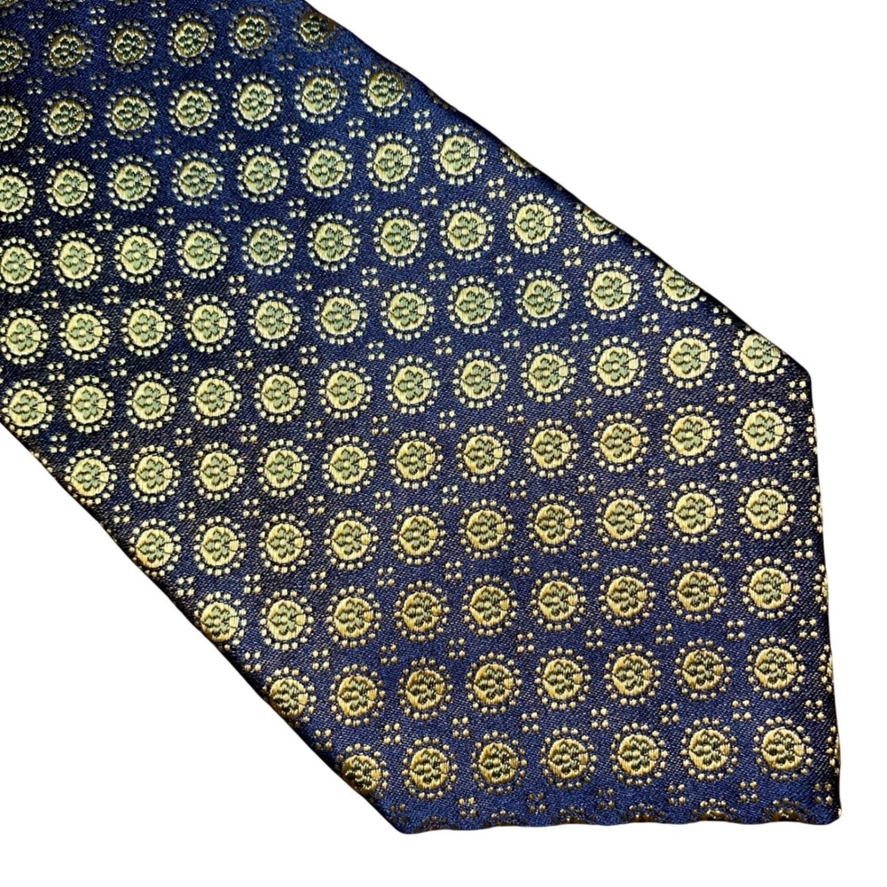 Kiton Italy Mens 100% Silk Necktie Black Navy Blue Gold Medallion Geometric Tie